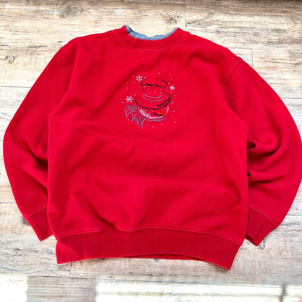 Vintage Christmas Sweatshirt Red Holiday Crewneck Snowman Winter Graphic Medium